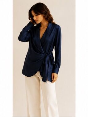 Vintage Diane Gilman 100% Silk Wrap Blazer Navy Blue size s
